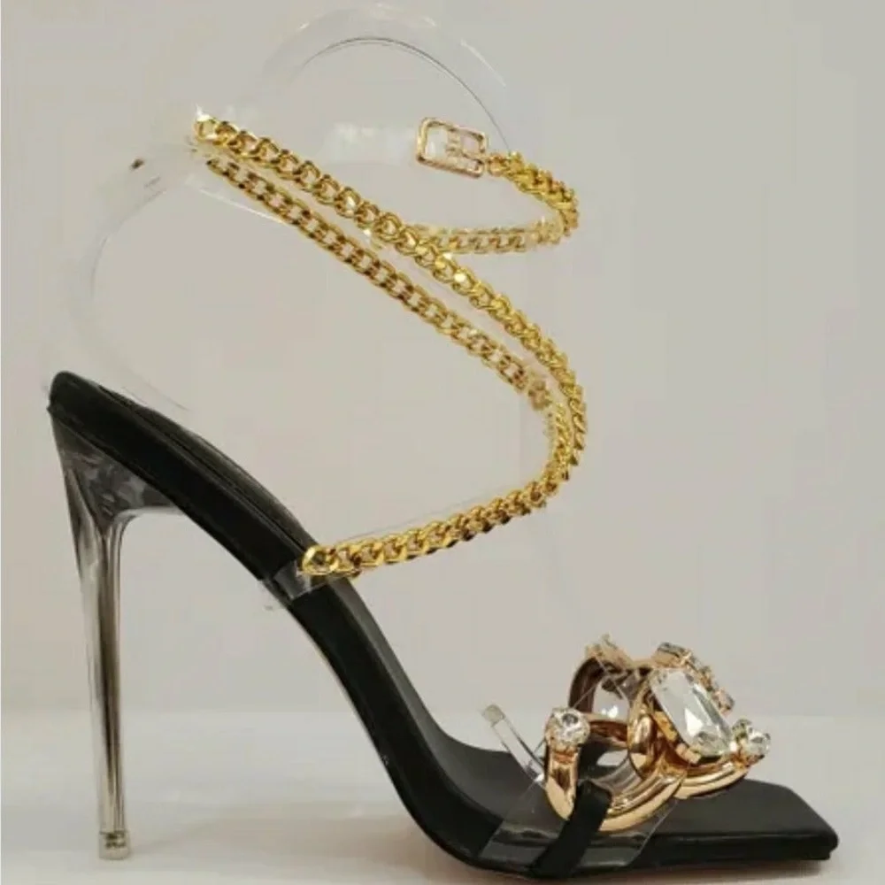 Black and gold open toe strap up high heel sandals with chunky clear jewels 💎 - Picture 5 of 7
